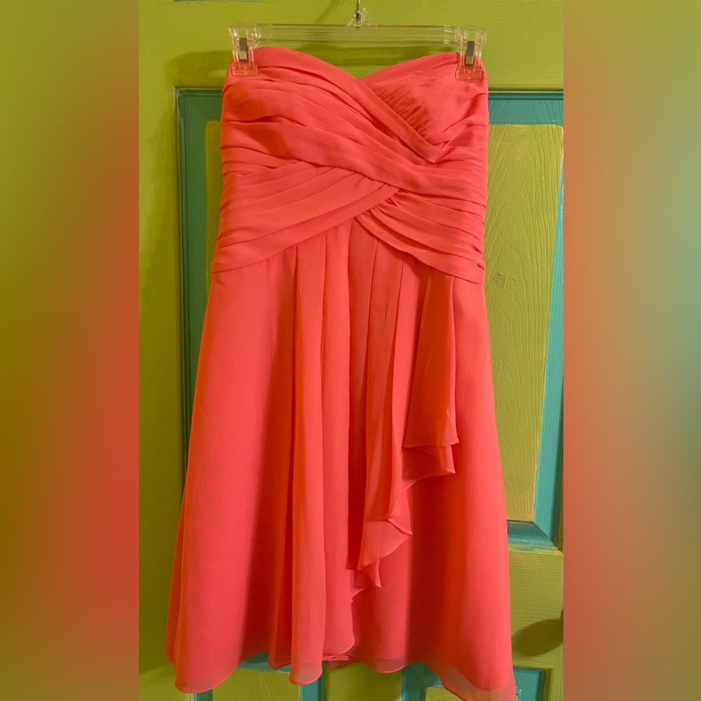 David's Bridal Bridesmaid Pink Coral
Formal Strapless Chiffon Mini Dress 4